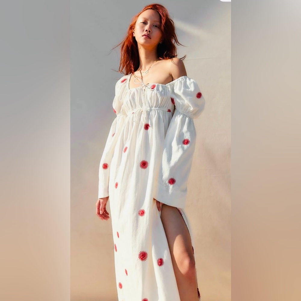 Free People Emory Embroidered White Maxi Dress with Red Floral Accents SOLD OUT - Picture 1 of 6